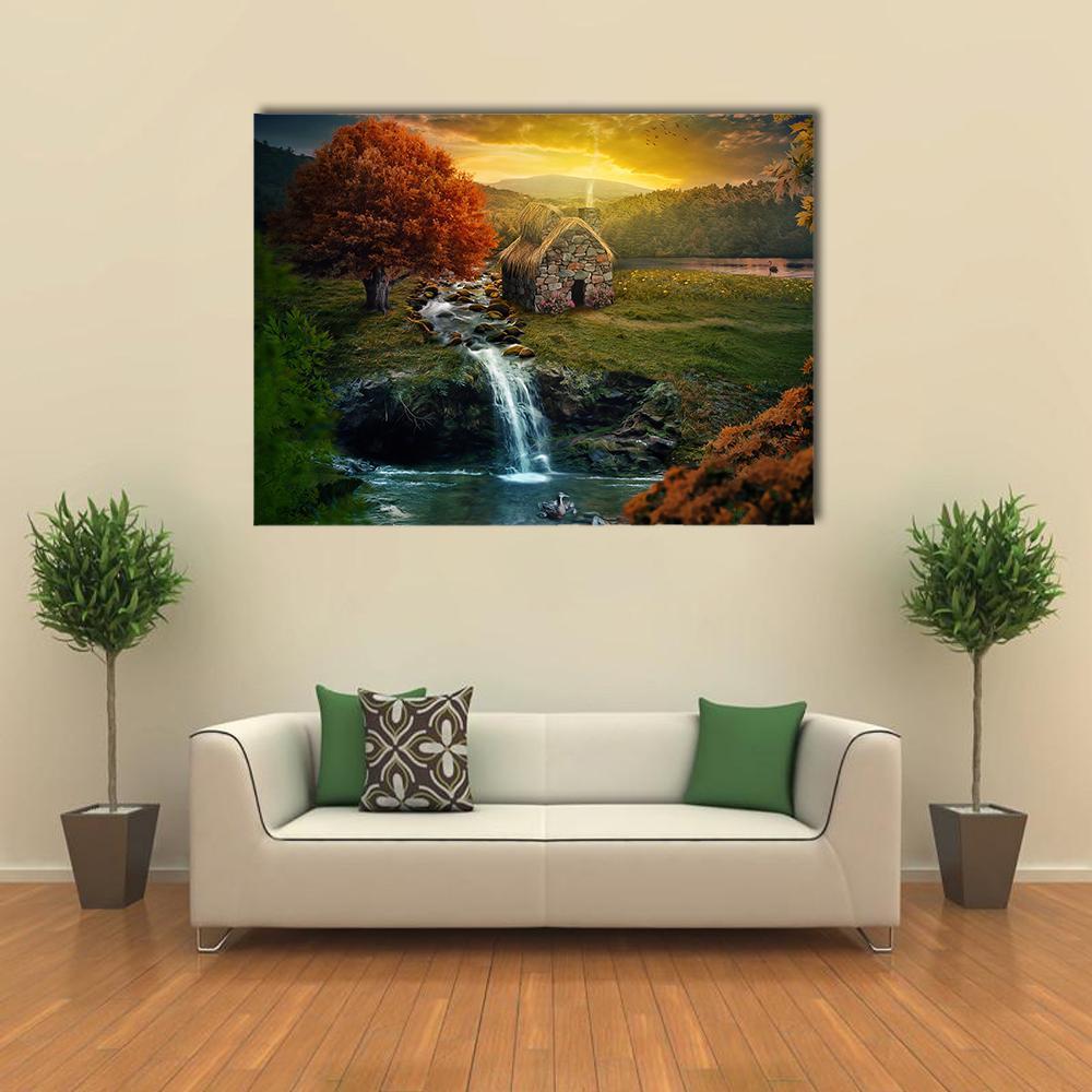 Autumn Cottage by Stream at Sunset Canvas Wall Art in orange, yellow and green, single panel hung on a wall