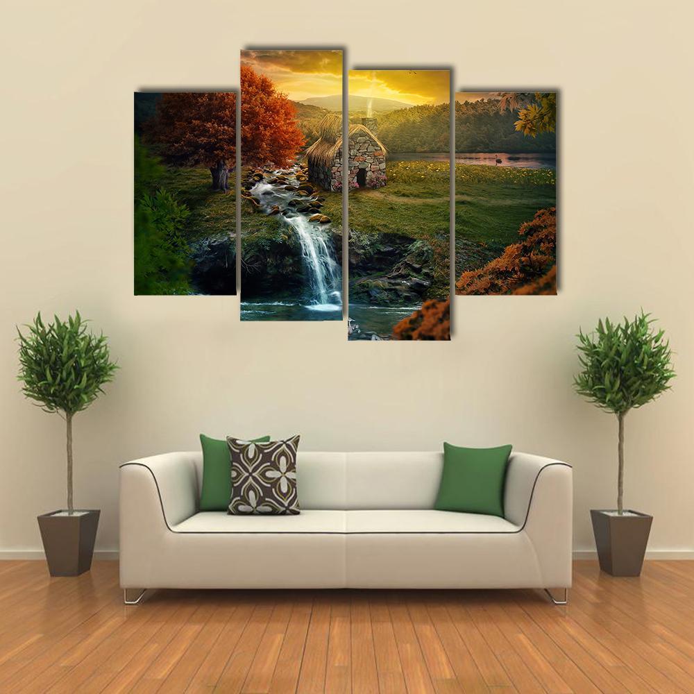 Mountains Near A Stream Canvas Wall Art-4 Pop-Gallery Wrap-50" x 32"-Tiaracle