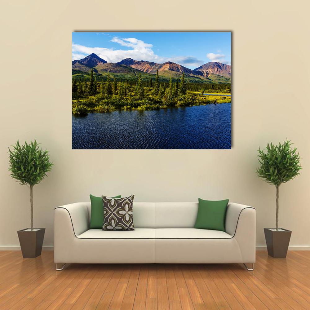 Alaska Mountains and Lake in Summer Canvas Wall Art in brown, green and blue, single panel hung on a wall