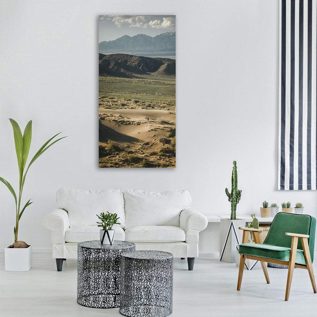 Winding Sand Dunes at Golden Hour Vertical Canvas Wall Art in gray, beige and brown, single vertical panel hung on a wall