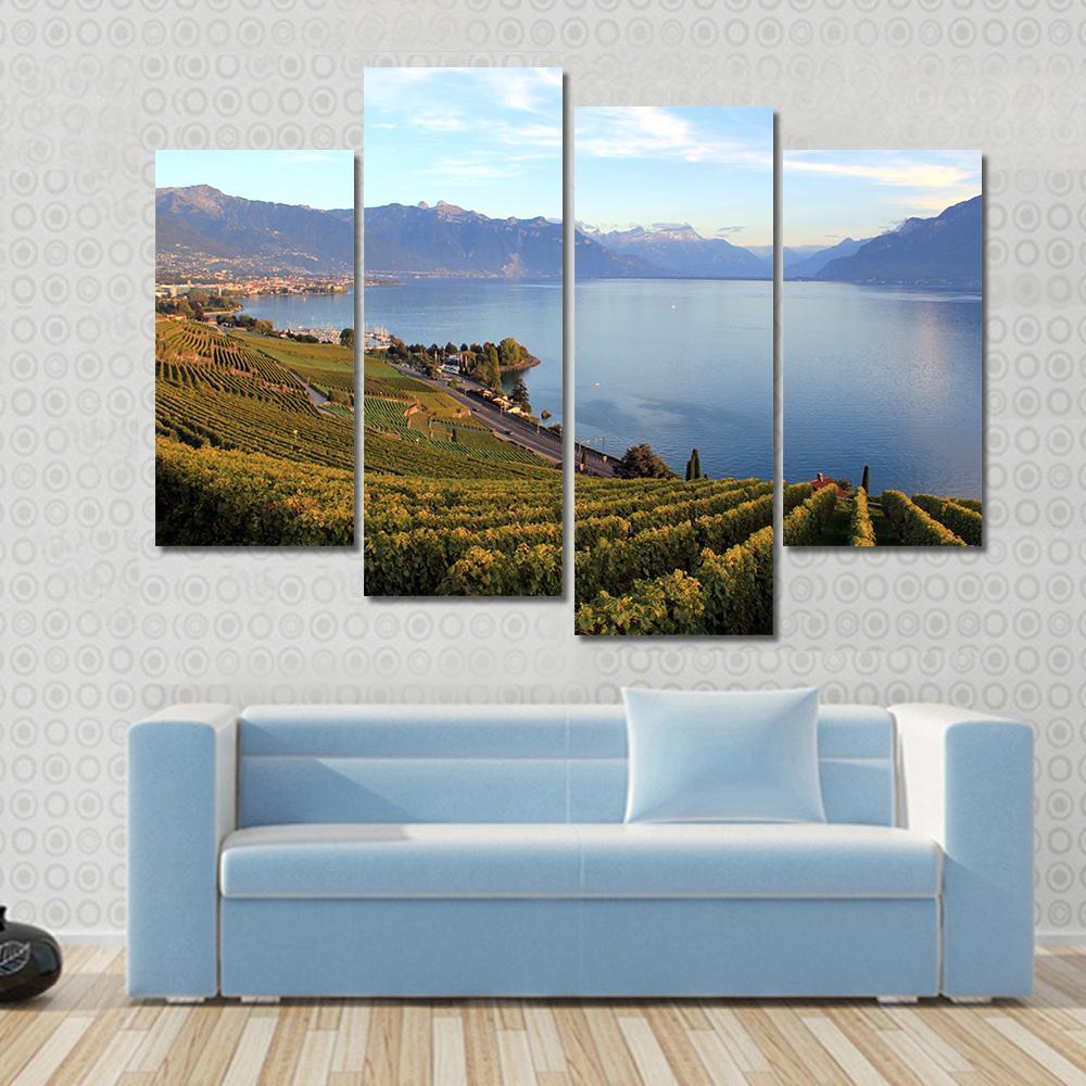 Mountains On Lake Geneva Canvas Wall Art-4 Pop-Gallery Wrap-50" x 32"-Tiaracle