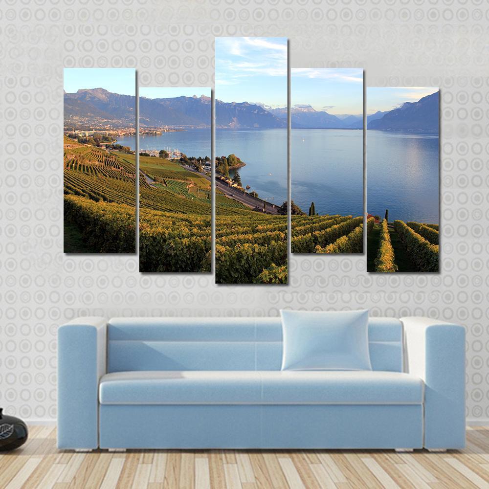 Mountains On Lake Geneva Canvas Wall Art-5 Pop-Gallery Wrap-47" x 32"-Tiaracle
