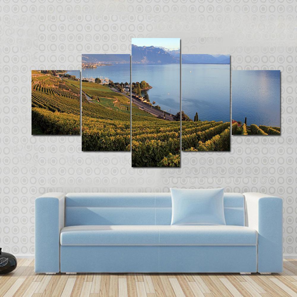 Mountains On Lake Geneva Canvas Wall Art-5 Star-Gallery Wrap-62" x 32"-Tiaracle