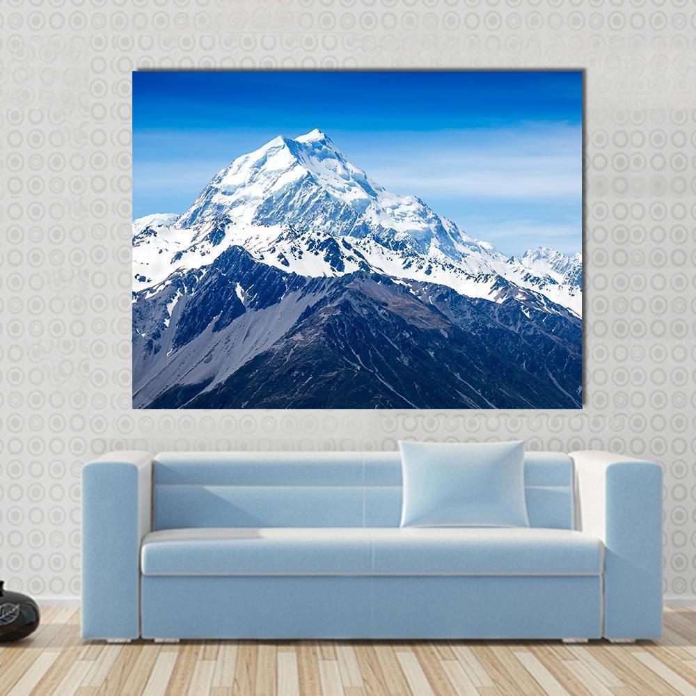 Mountains Peak New Zealand Canvas Wall Art in white, gray and blue, single panel hung on a wall