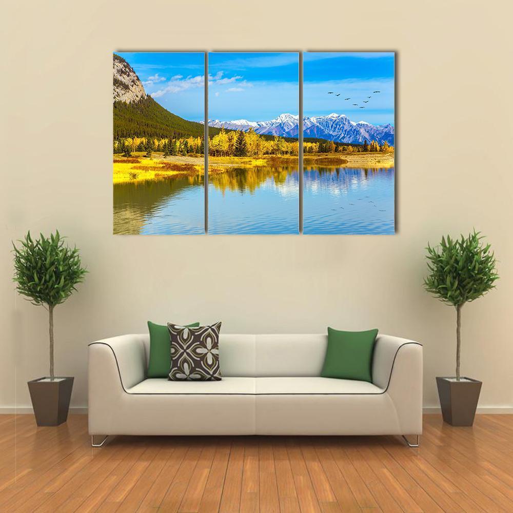 Golden Trees Near Lake Canvas Wall Art-3 Horizontal-Gallery Wrap-37" x 24"-Tiaracle