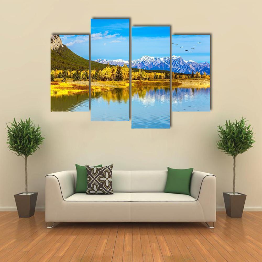 Golden Trees Near Lake Canvas Wall Art-4 Pop-Gallery Wrap-50" x 32"-Tiaracle