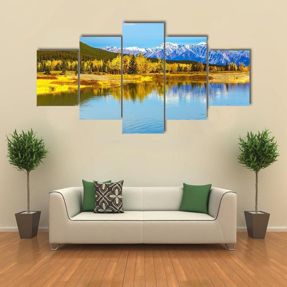 Golden Trees Near Lake Canvas Wall Art-5 Pop-Gallery Wrap-47" x 32"-Tiaracle