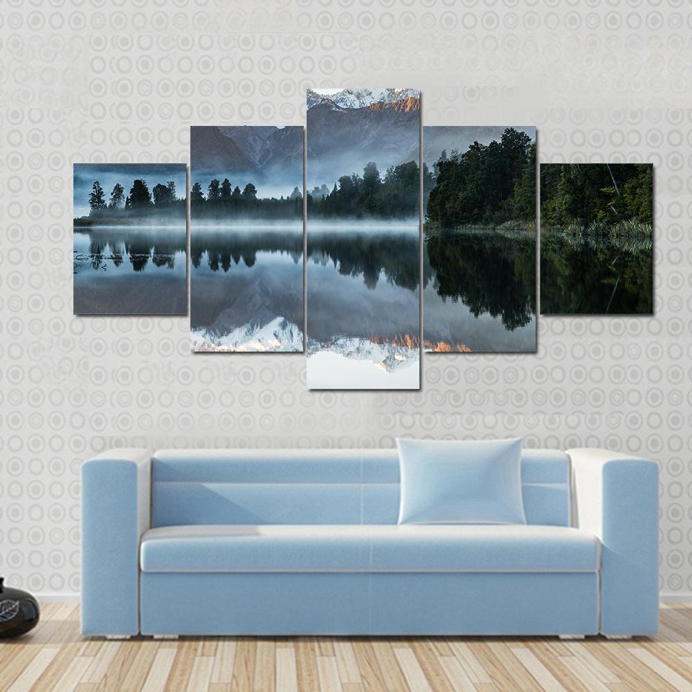 Mountains Reflection In Lake Canvas Wall Art-5 Star-Gallery Wrap-62&quot; x 32&quot;-Tiaracle