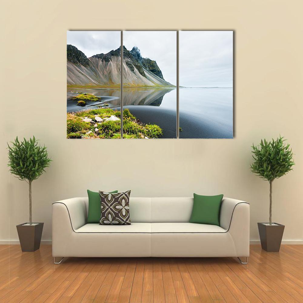Mountain Reflection On Shore Canvas Wall Art-3 Horizontal-Gallery Wrap-37" x 24"-Tiaracle