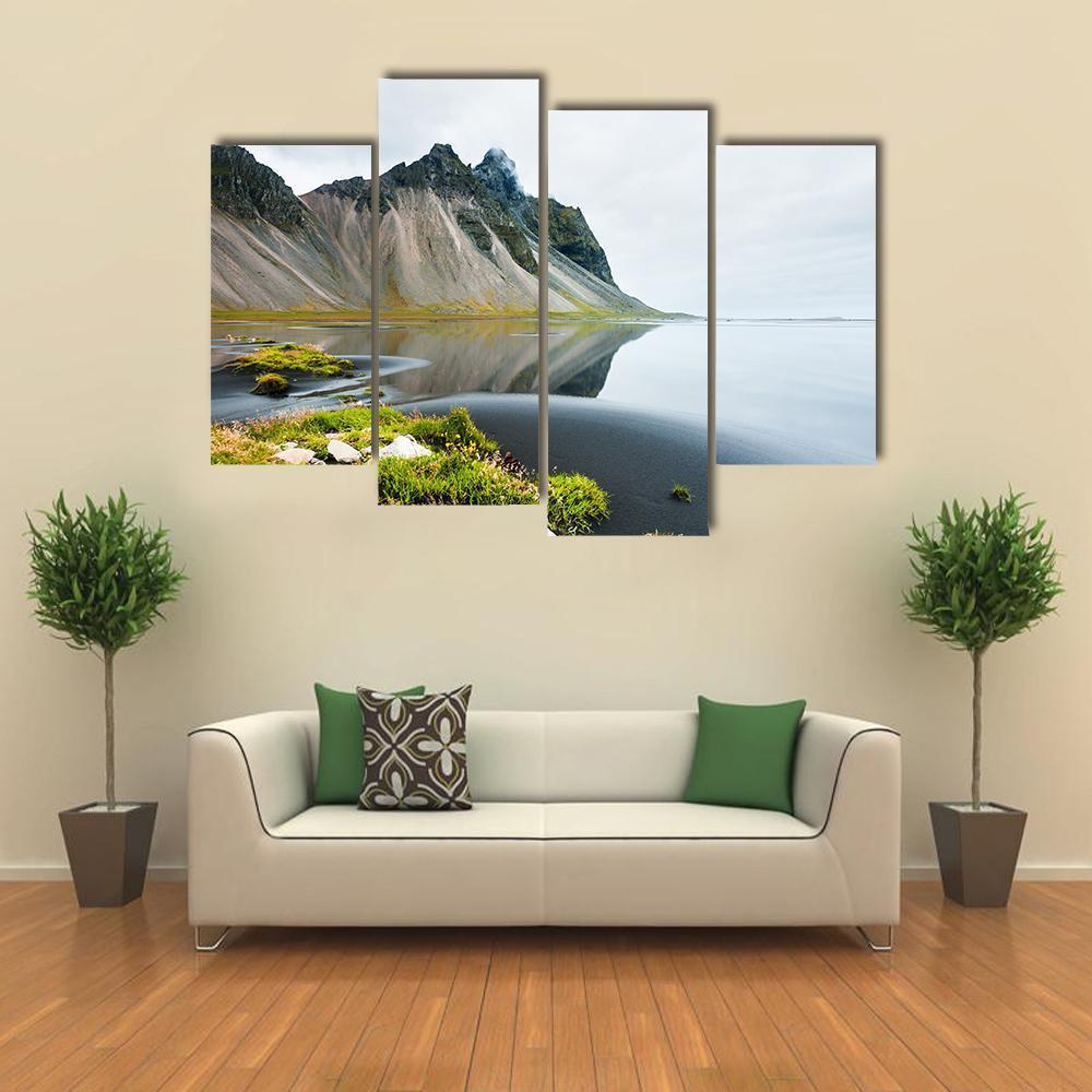 Mountain Reflection On Shore Canvas Wall Art-4 Pop-Gallery Wrap-50" x 32"-Tiaracle