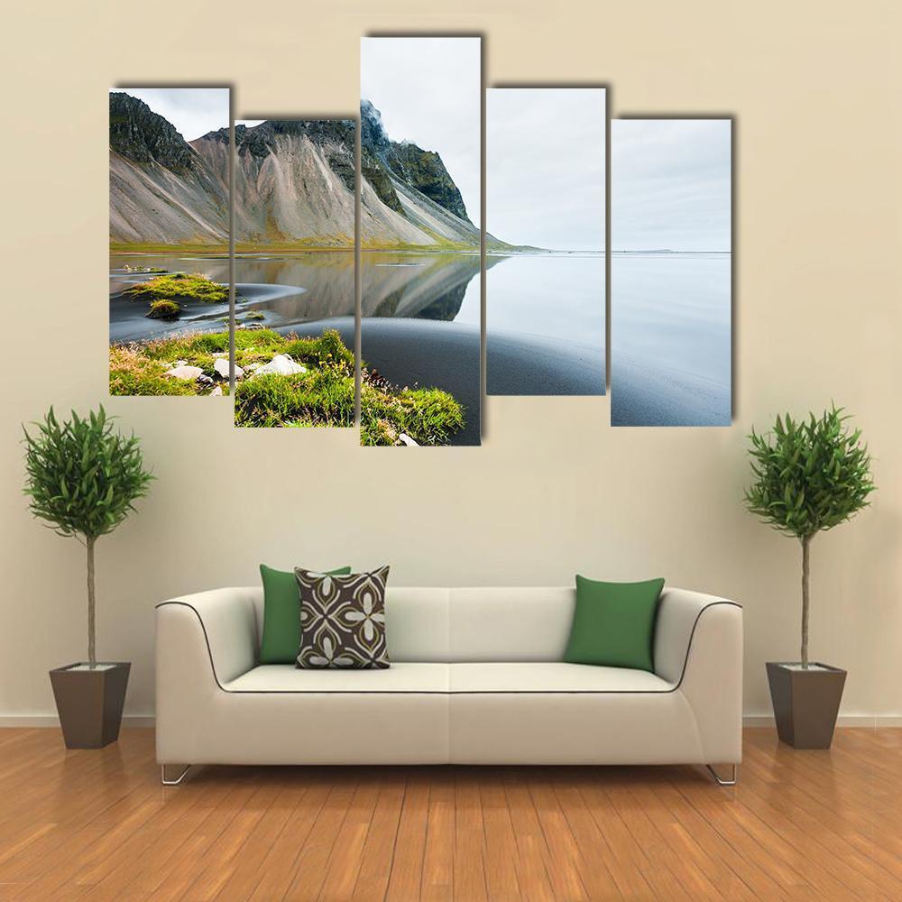Mountain Reflection On Shore Canvas Wall Art-5 Star-Gallery Wrap-62" x 32"-Tiaracle
