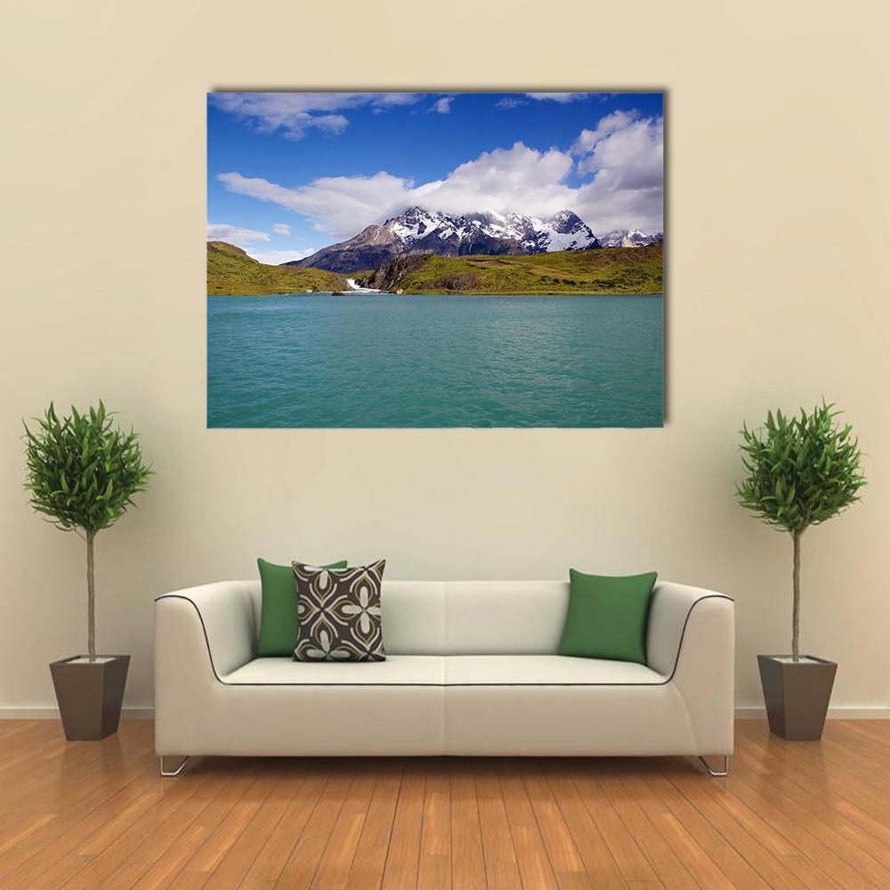 Mountains and Pehoe River Canvas Wall Art in white, green and blue, single panel hung on a wall