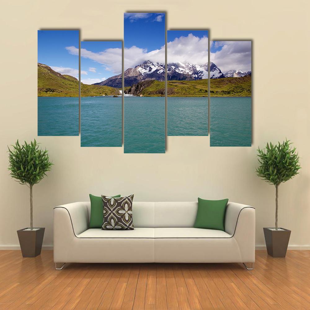 Mountains & Pehoe River Canvas Wall Art-5 Pop-Gallery Wrap-47" x 32"-Tiaracle