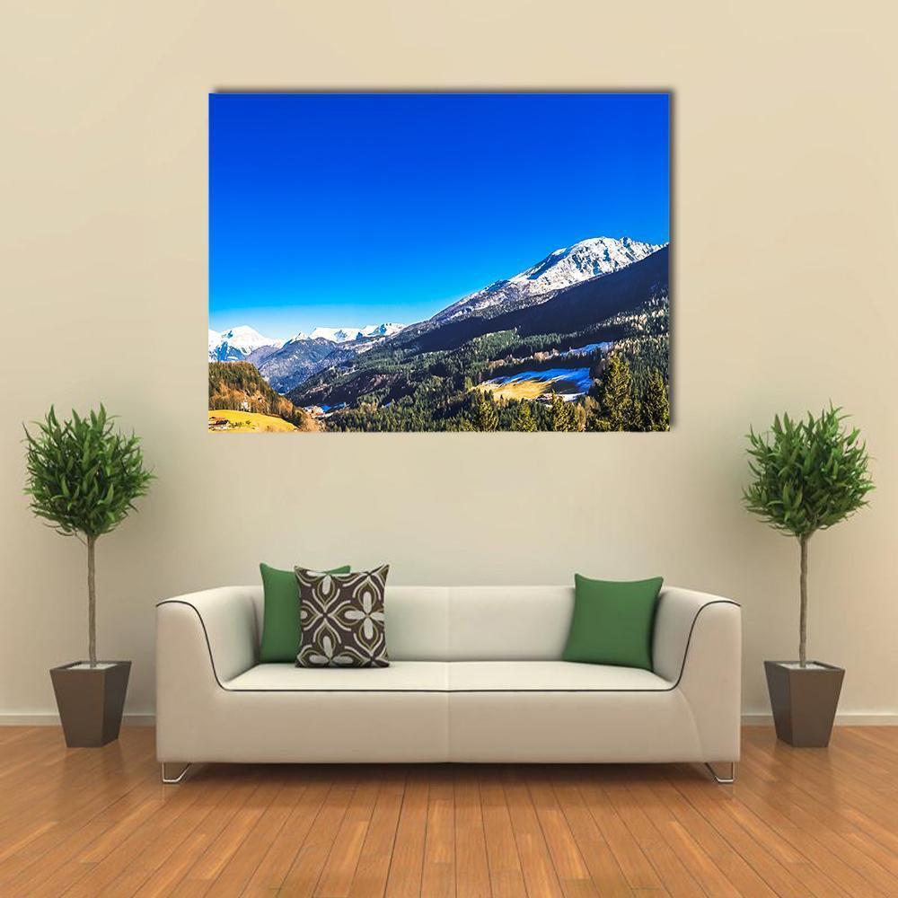 Berchtesgaden Mountain View Canvas Wall Art in white, green and blue, single panel hung on a wall