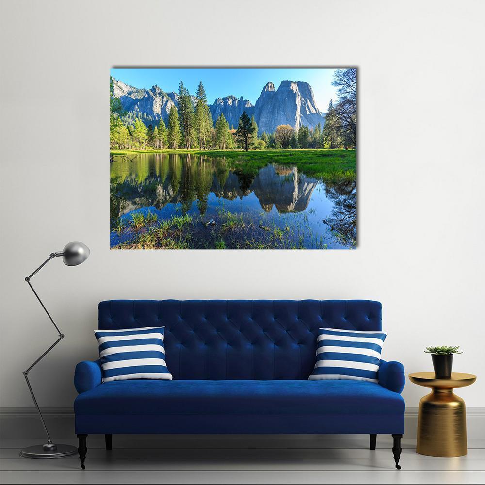 Serene Lake in Yosemite with Mountains Canvas Wall Art in gray, green and blue, single panel hung on a wall