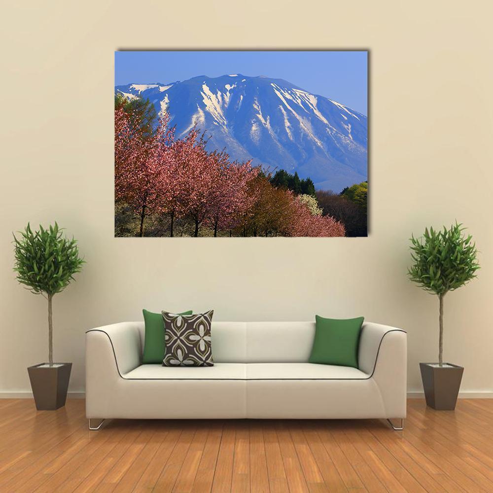Snow-capped Mountain with Cherry Blossoms Canvas Wall Art in white, blue and pink, single panel hung on a wall