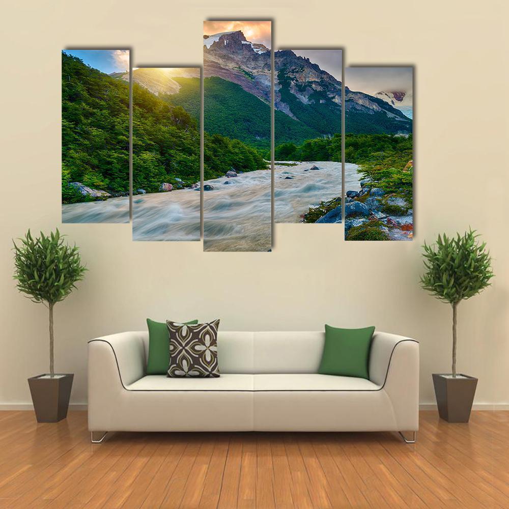 Mountain & Fitzroy River Canvas Wall Art-5 Pop-Gallery Wrap-47" x 32"-Tiaracle
