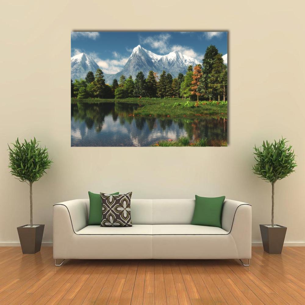 Snow-capped Mountains, Lake, and Forest Canvas Wall Art in white, green and blue, single panel hung on a wall