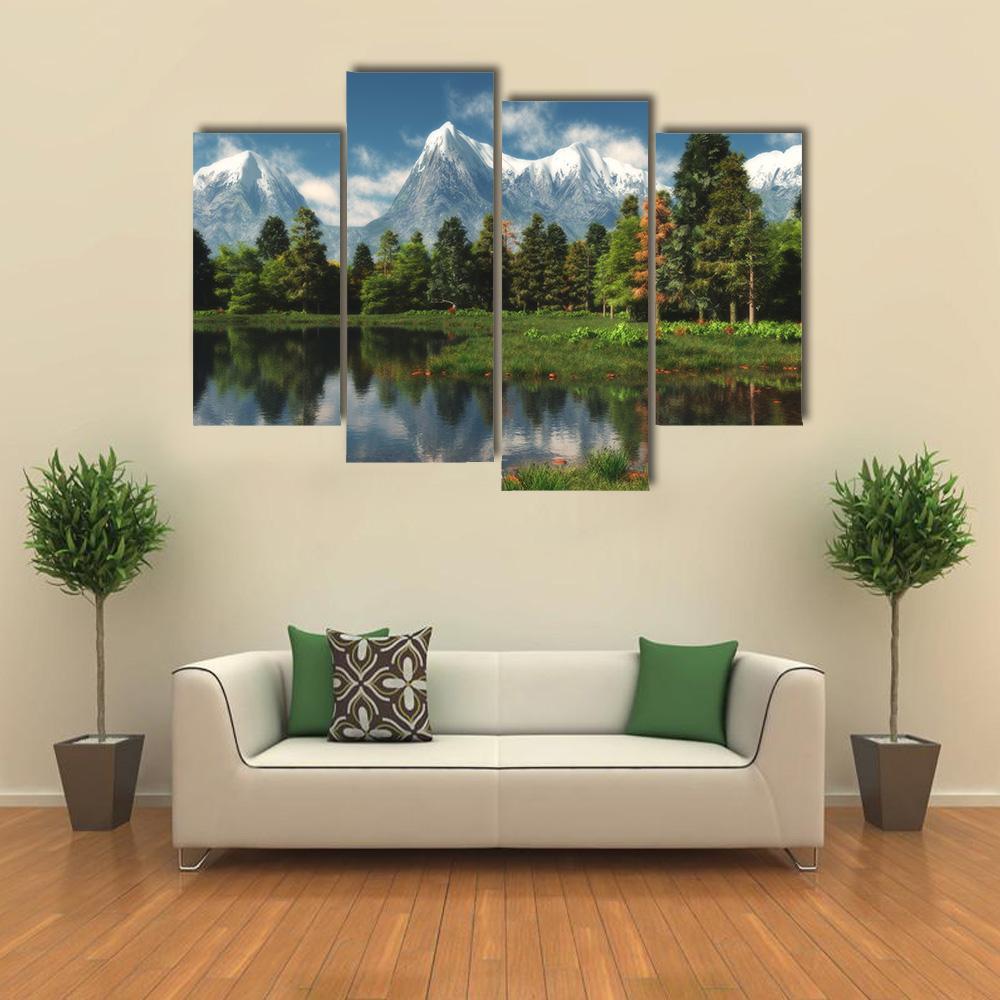 Mountains With Forest And Lake Canvas Wall Art-4 Pop-Gallery Wrap-50" x 32"-Tiaracle