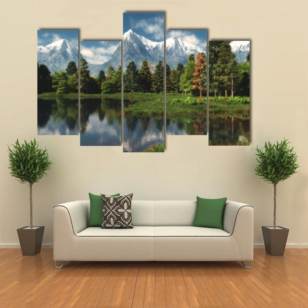 Mountains With Forest And Lake Canvas Wall Art-5 Pop-Gallery Wrap-47" x 32"-Tiaracle