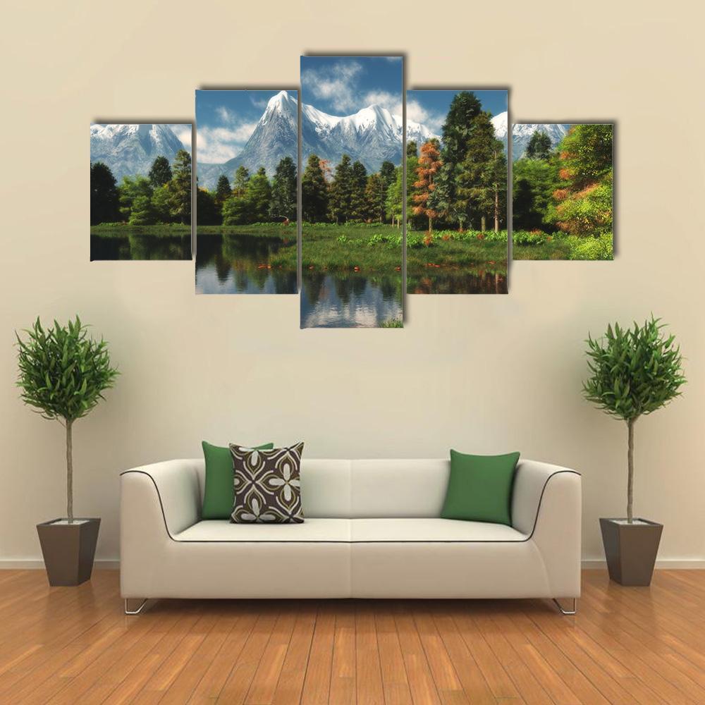 Mountains With Forest And Lake Canvas Wall Art-5 Star-Gallery Wrap-62" x 32"-Tiaracle