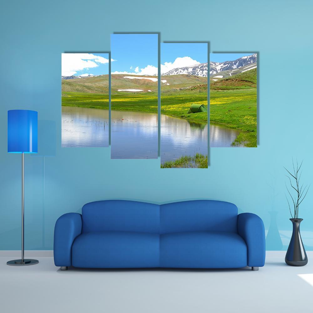 Mountain With Pond Canvas Wall Art-4 Pop-Gallery Wrap-50" x 32"-Tiaracle