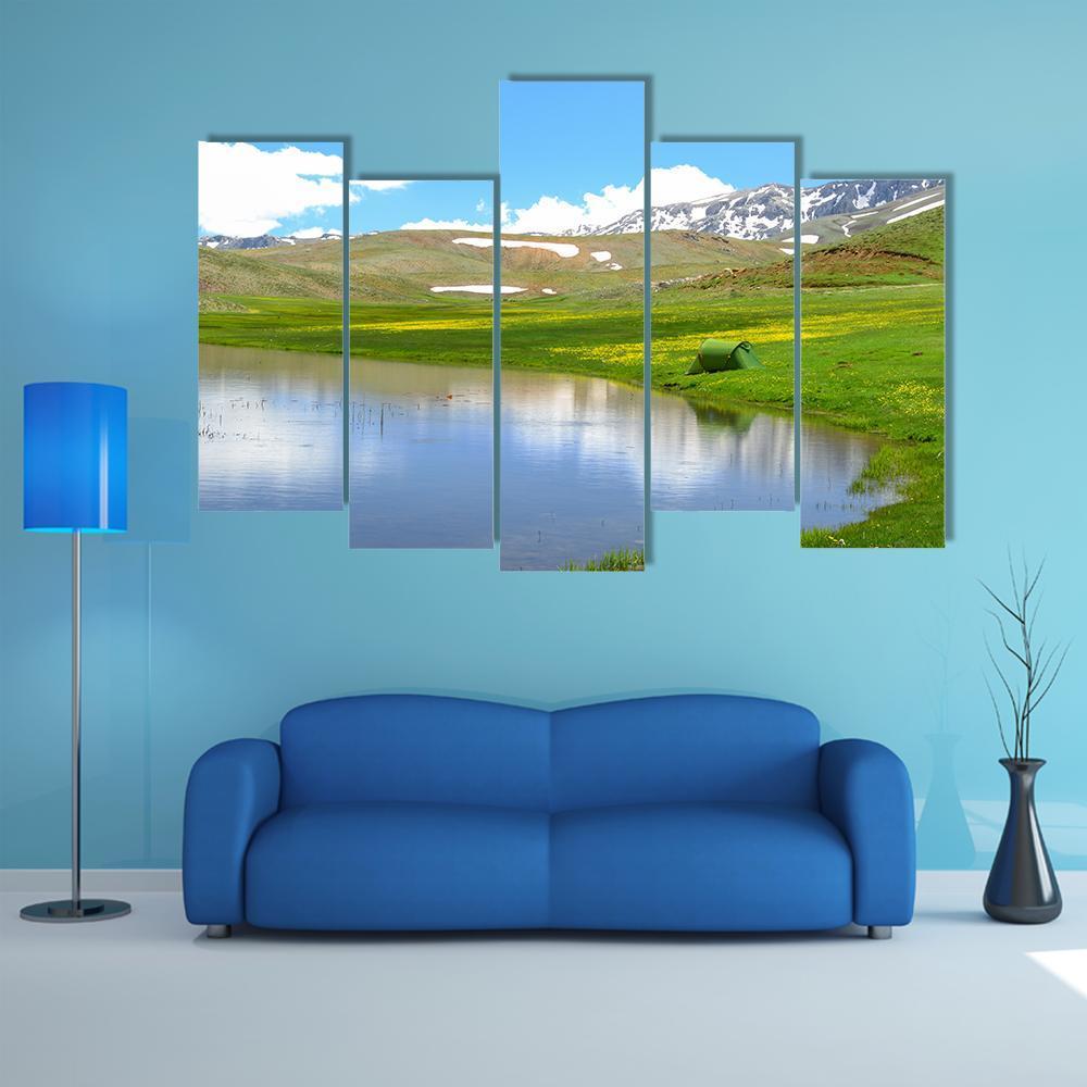 Mountain With Pond Canvas Wall Art-5 Pop-Gallery Wrap-47" x 32"-Tiaracle