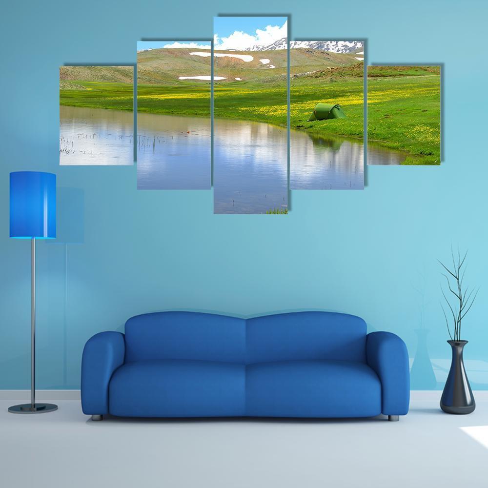 Mountain With Pond Canvas Wall Art-5 Star-Gallery Wrap-62" x 32"-Tiaracle