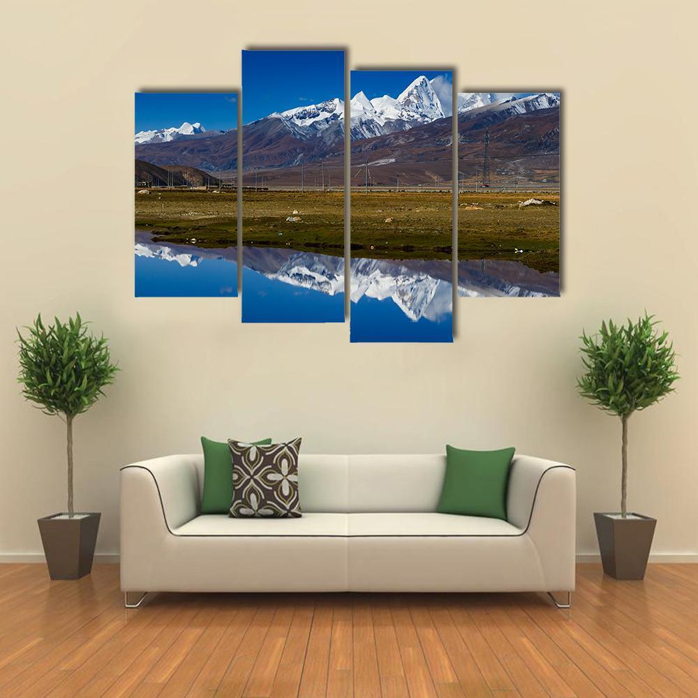 Mountain With Lake Tibet Canvas Wall Art-4 Pop-Gallery Wrap-50" x 32"-Tiaracle