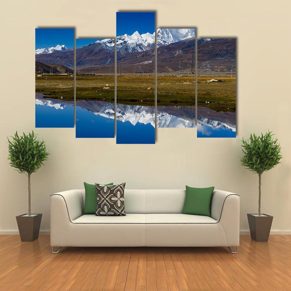 Mountain With Lake Tibet Canvas Wall Art-5 Pop-Gallery Wrap-47" x 32"-Tiaracle