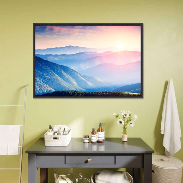 Mountains With Sunny Beams Canvas Wall Art-1 Piece-Floating Frame-24" x 16"-Tiaracle