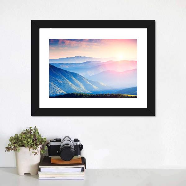 Mountains With Sunny Beams Canvas Wall Art-1 Piece-Framed Print-20" x 16"-Tiaracle