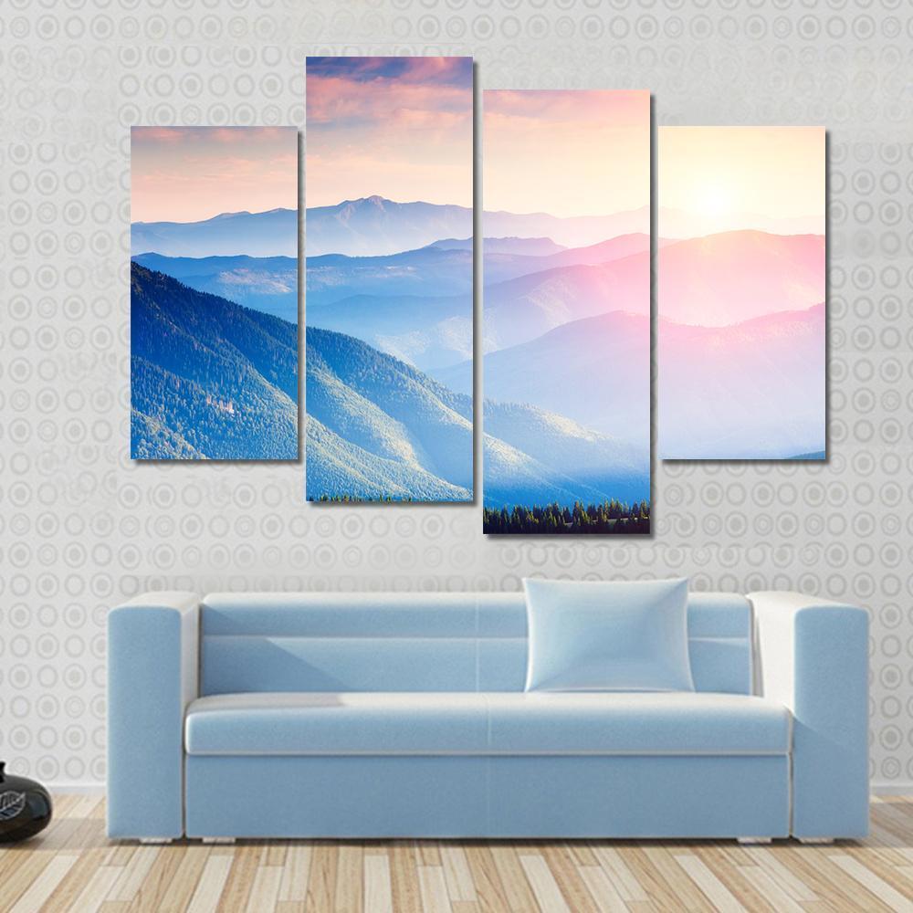 Mountains With Sunny Beams Canvas Wall Art-4 Pop-Gallery Wrap-50" x 32"-Tiaracle