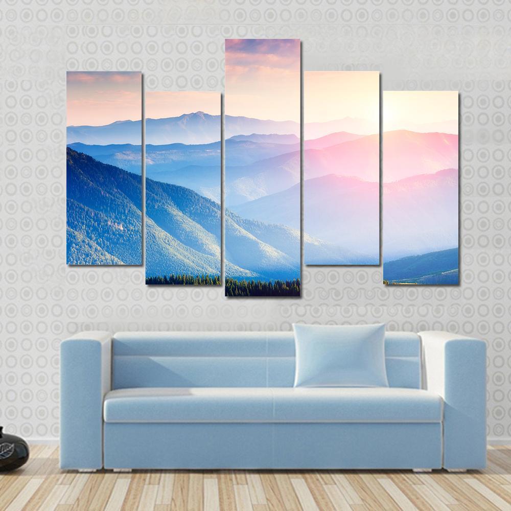 Mountains With Sunny Beams Canvas Wall Art-5 Pop-Gallery Wrap-47" x 32"-Tiaracle