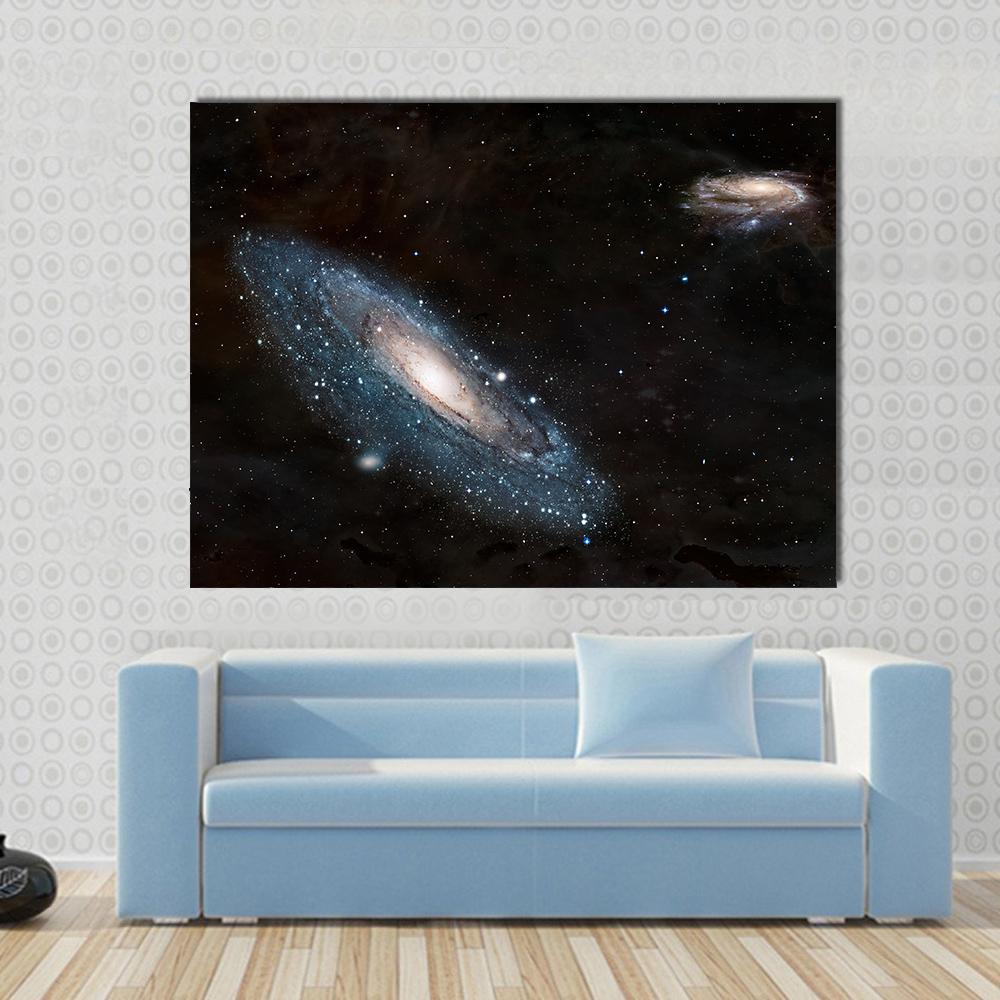 Andromeda Galaxy and Milky Way Canvas Wall Art in black and blue, single panel hung on a wall