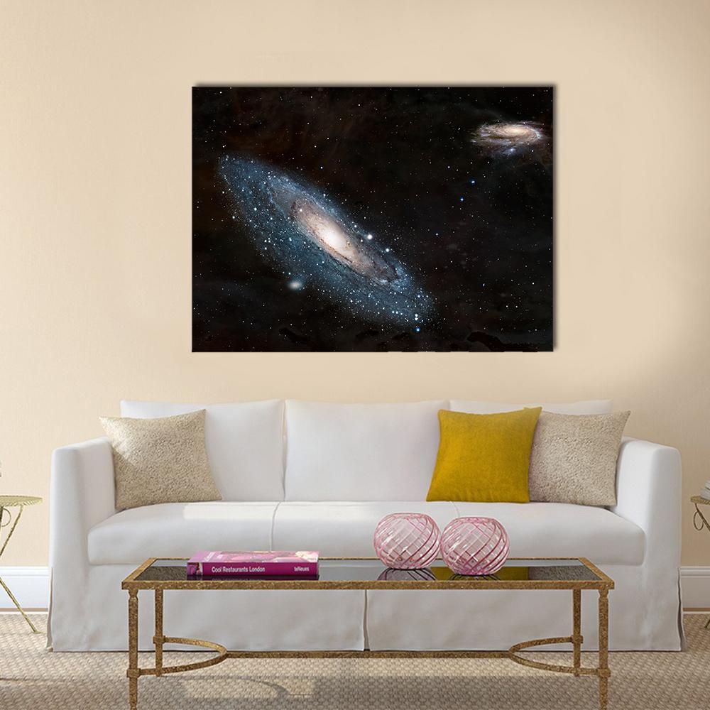 Andromeda Moving Toward Milky Way Canvas Wall Art in black and blue, single panel hung on a wall