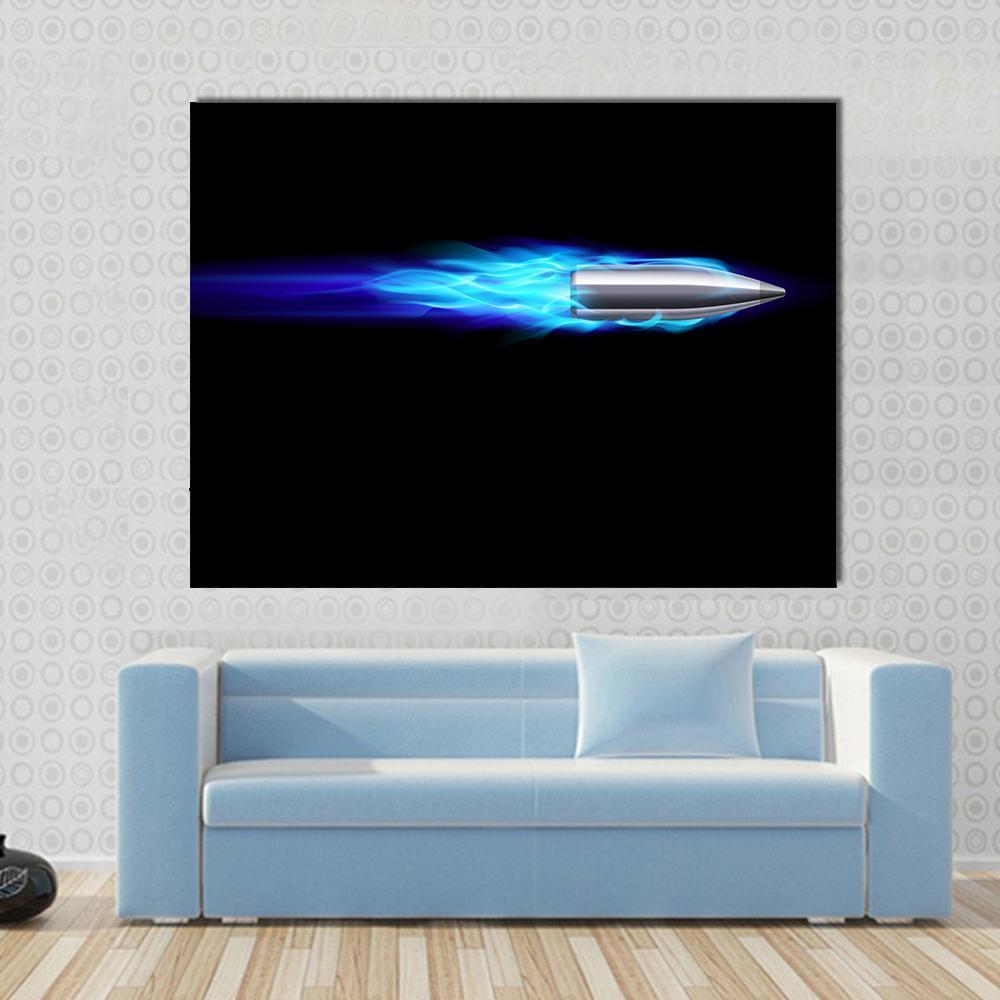 Moving Blue Fiery Bullet Canvas Wall Art in black and blue, single panel hung on a wall