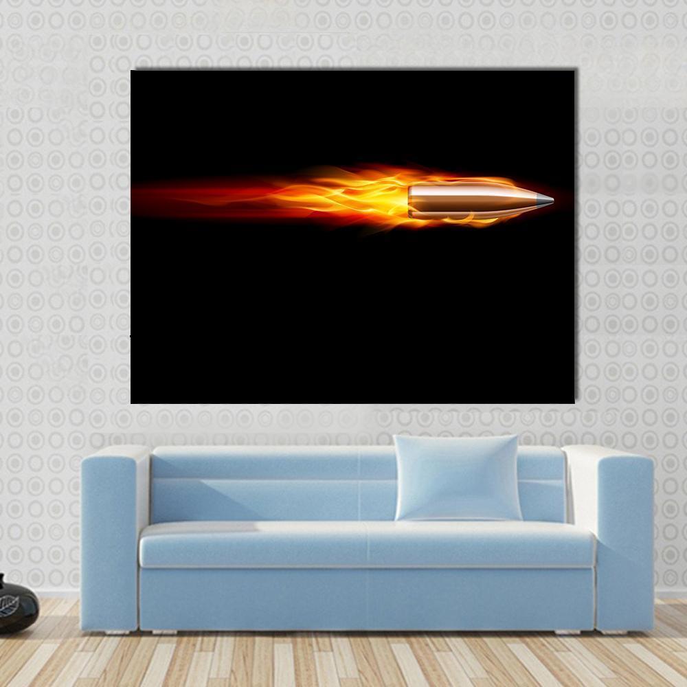 Moving Red Fiery Bullet Canvas Wall Art in black, red and orange, single panel hung on a wall