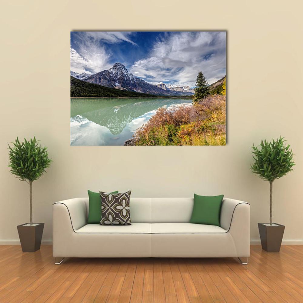 Mt Chephren Autumn Reflection Canvas Wall Art in white, green and blue, single panel hung on a wall