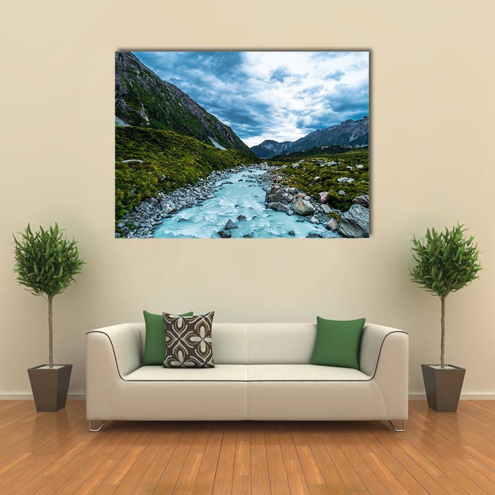 Mt Cook &amp; Hook Valley Canvas Wall Art in gray, green and blue, single panel hung on a wall