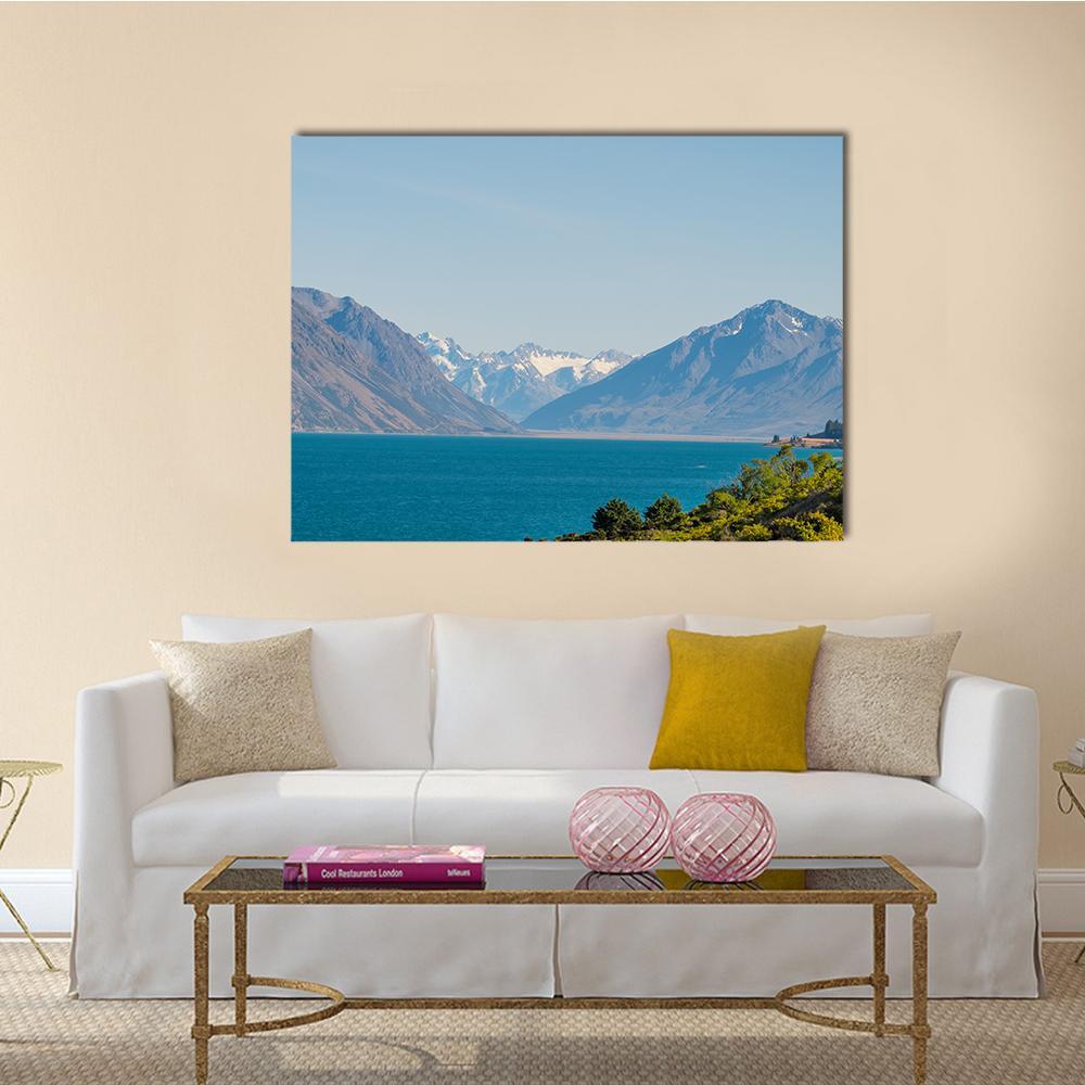 Mt Cook Beside Lake Tekapo Canvas Wall Art in white, gray and blue, single panel hung on a wall