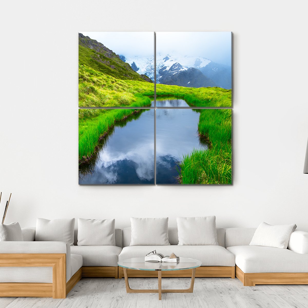Mt Cook Reflection On Pond Canvas Wall Art-4 Square-Gallery Wrap-17" x 17"-Tiaracle