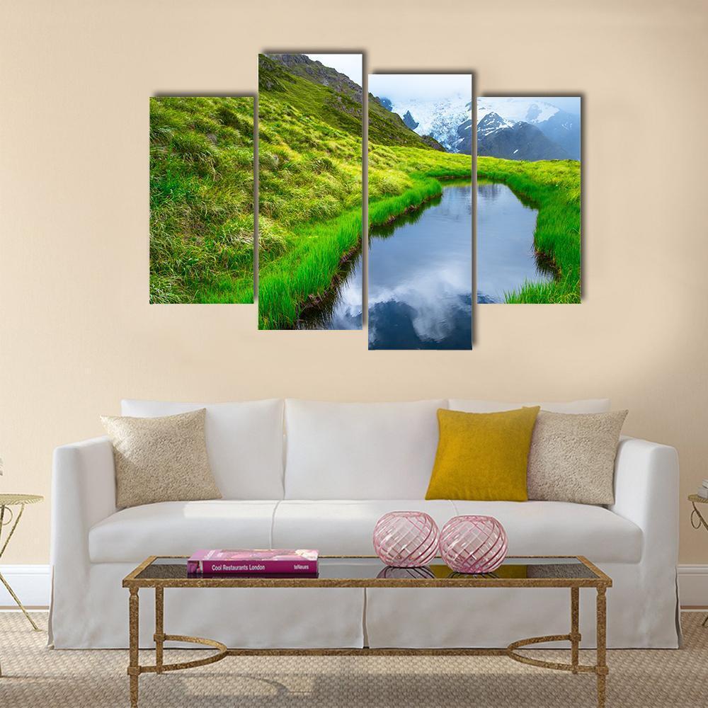 Mt Cook Reflection On Pond Canvas Wall Art-4 Pop-Gallery Wrap-50" x 32"-Tiaracle