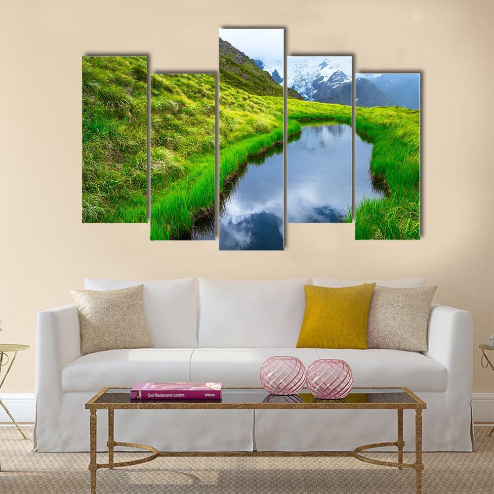 Mt Cook Reflection On Pond Canvas Wall Art-5 Pop-Gallery Wrap-47" x 32"-Tiaracle