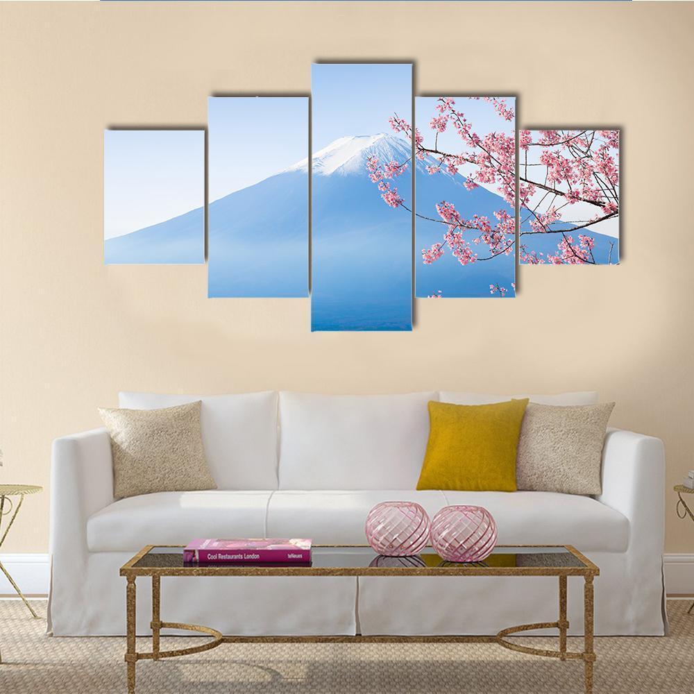 Mt Fuji &amp; Cherry Blossom Canvas Wall Art-5 Star-Gallery Wrap-62" x 32"-Tiaracle