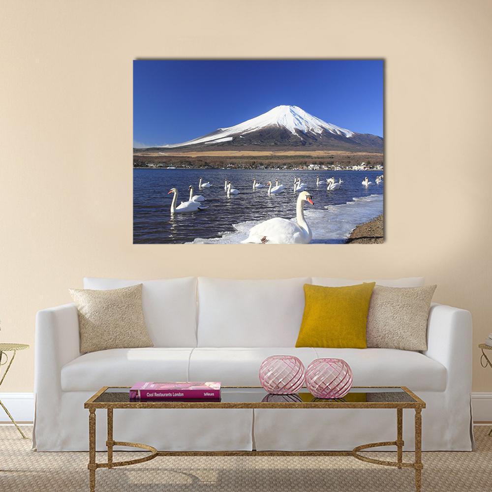 Swans in Front of Mount Fuji Canvas Wall Art in white, brown and blue, single panel hung on a wall