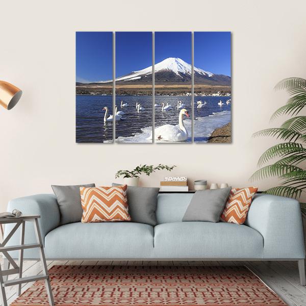 Swans Infront Of Mount Fuji Canvas Wall Art-4 Horizontal-Gallery Wrap-34" x 24"-Tiaracle