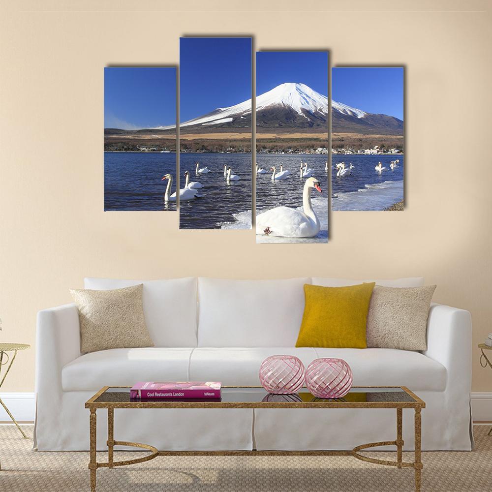 Swans Infront Of Mount Fuji Canvas Wall Art-4 Pop-Gallery Wrap-50" x 32"-Tiaracle