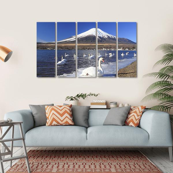 Swans Infront Of Mount Fuji Canvas Wall Art-5 Horizontal-Gallery Wrap-22" x 12"-Tiaracle