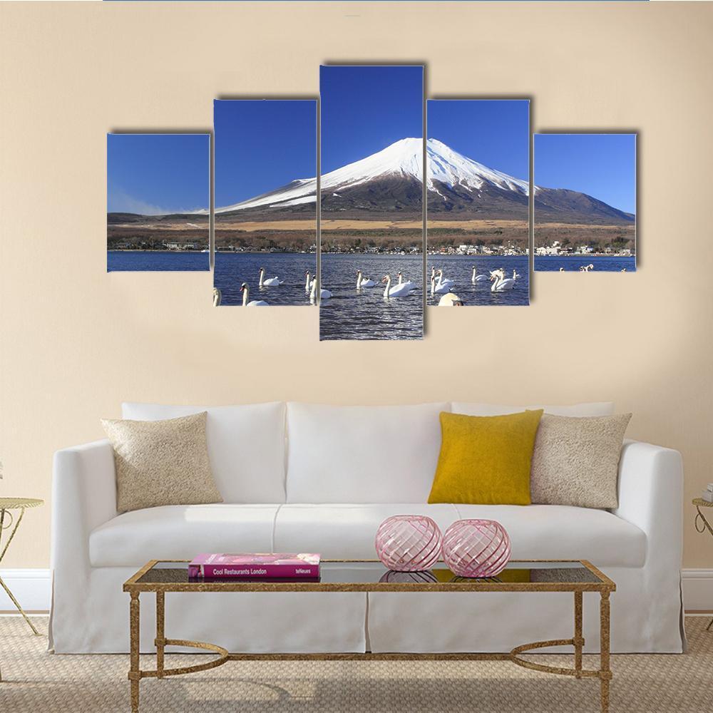 Swans Infront Of Mount Fuji Canvas Wall Art-4 Pop-Gallery Wrap-50" x 32"-Tiaracle